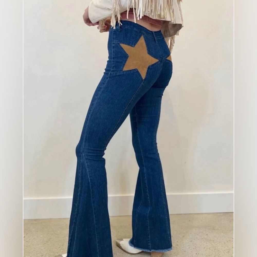 BAELEVY NWT faux dude star flare pants -blue/tan -large - Picture 7 of 10